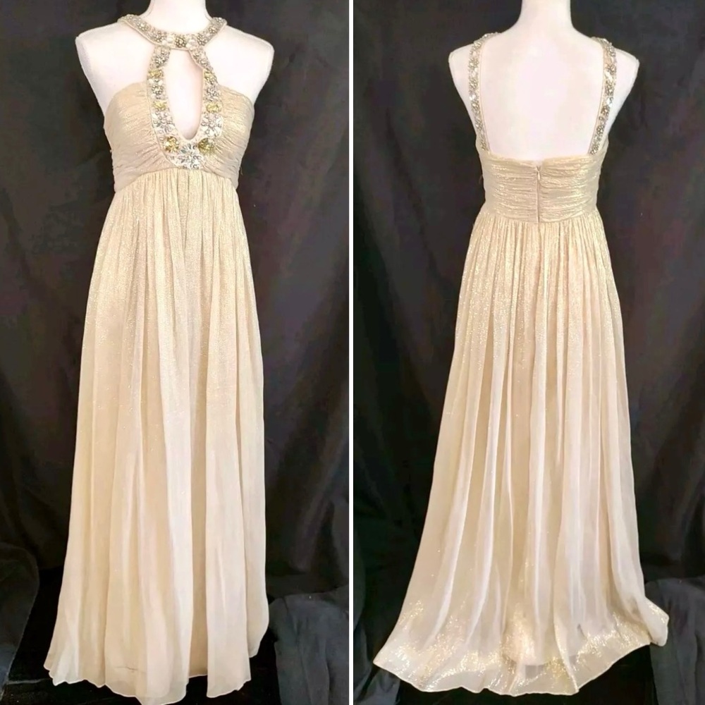 🔥JOVANI ! Silk Champagne shimmering ’Goddess Dress’ — Spectacular Prom Dress 🔥